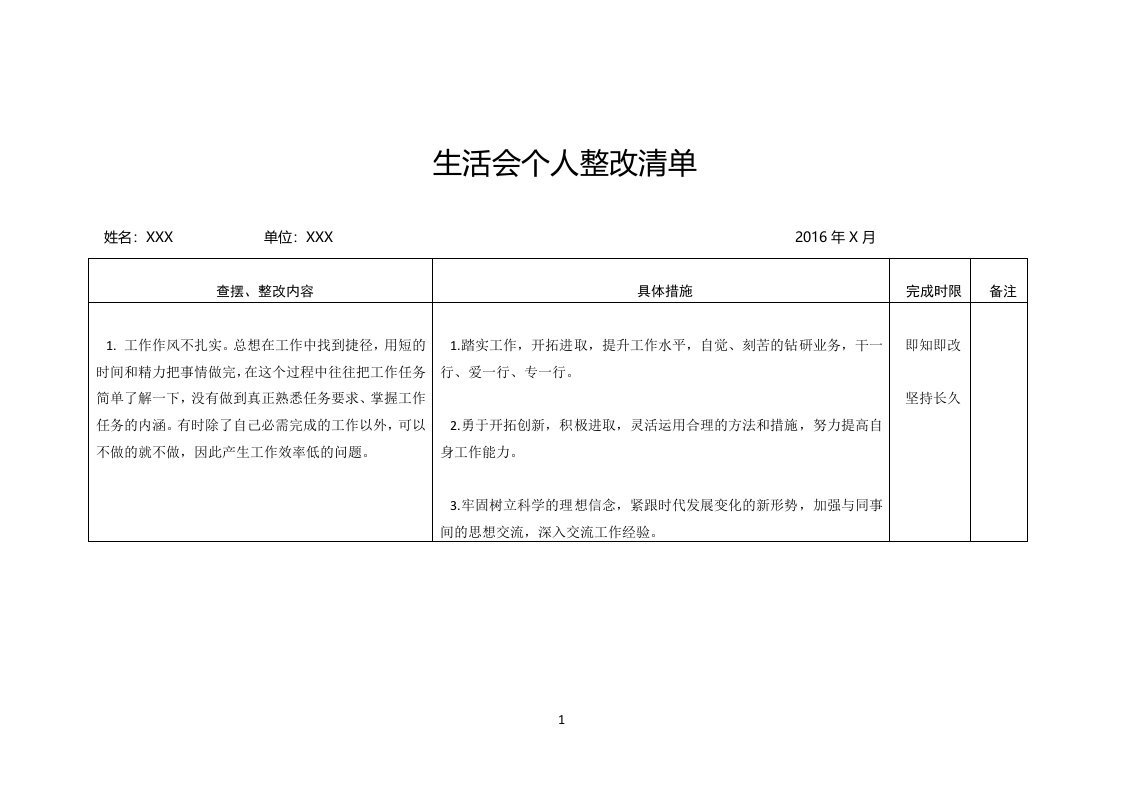 生活会整改清单