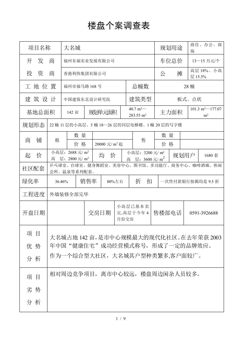 楼盘个案调查分析表