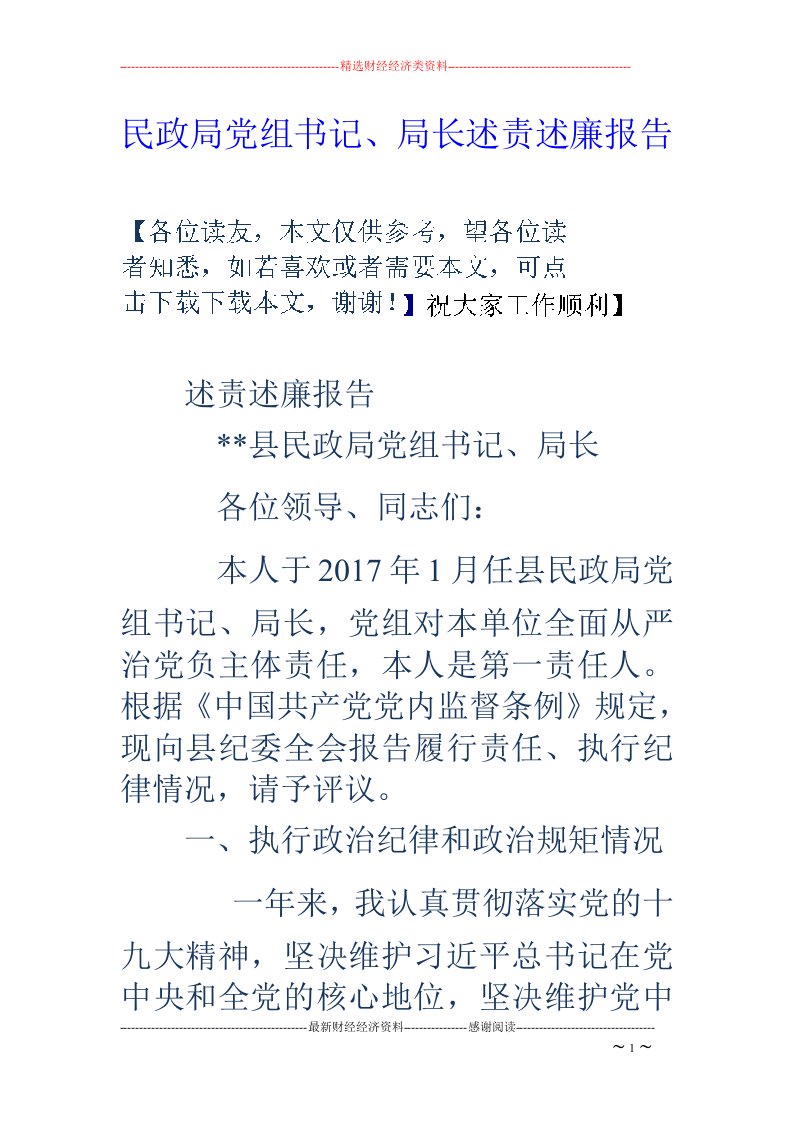 民政局党组书记、局长述责述廉报告