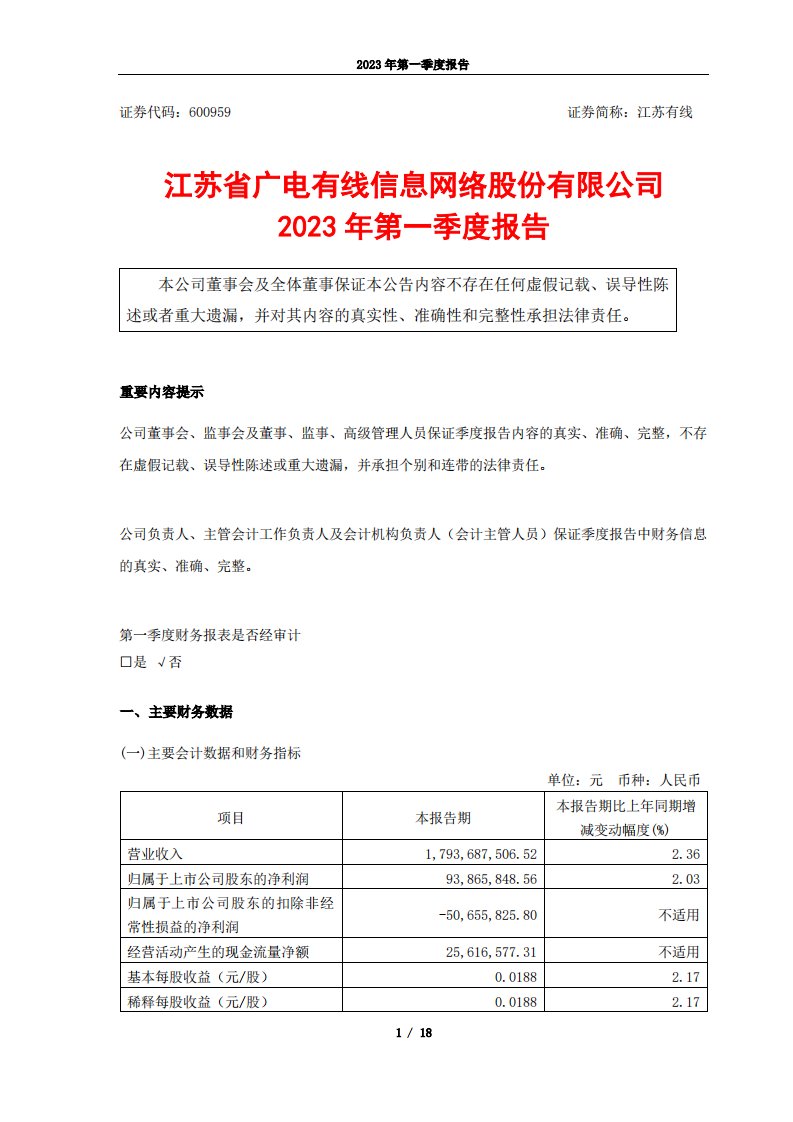 上交所-江苏有线2023年第一季度报告-20230428