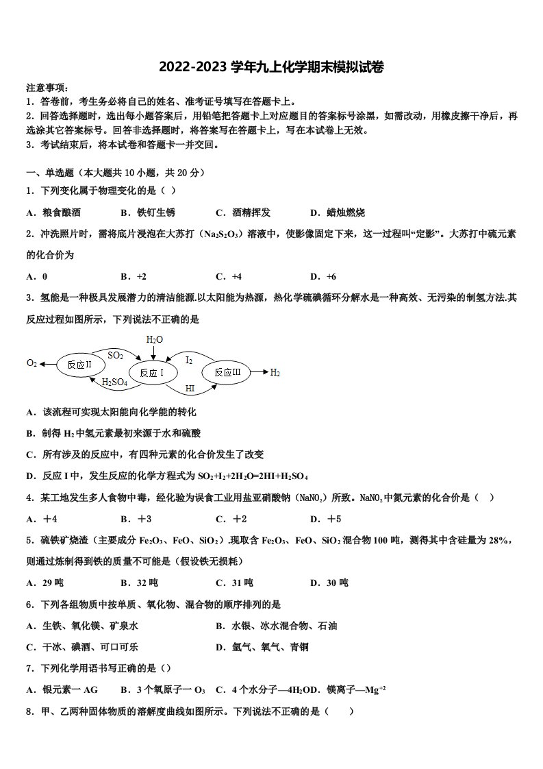 2022年天津市东丽区立德中学九年级化学第一学期期末综合测试模拟试题含解析