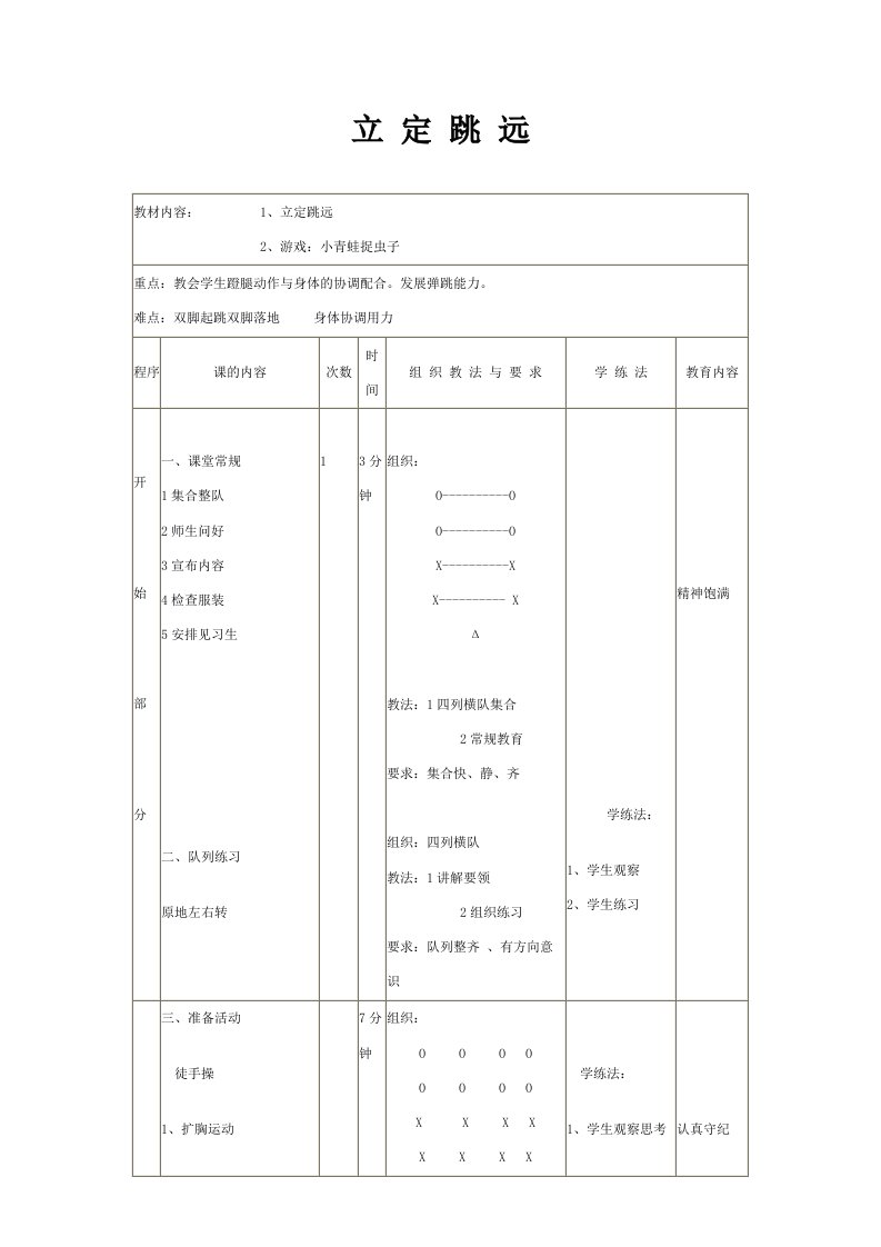 小学一年级体育教案(立定跳远)