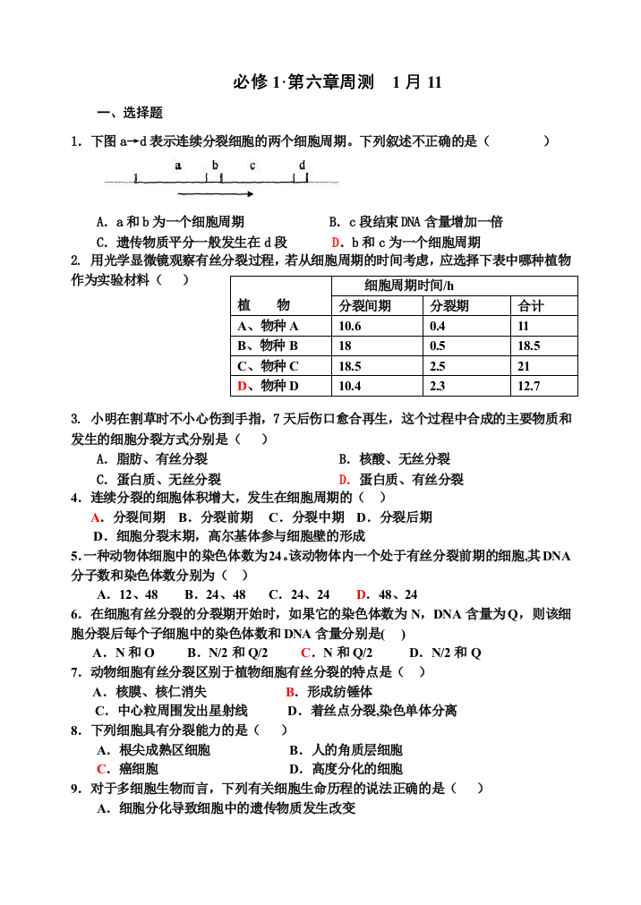 必修一细胞增殖练习题