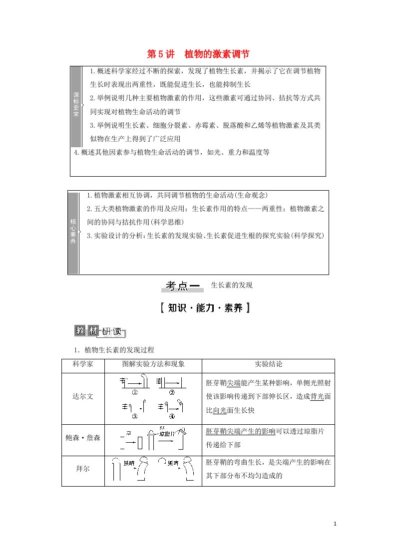 2022版高考生物一轮复习第8单元生命活动的调节第5讲植物的激素调节学案