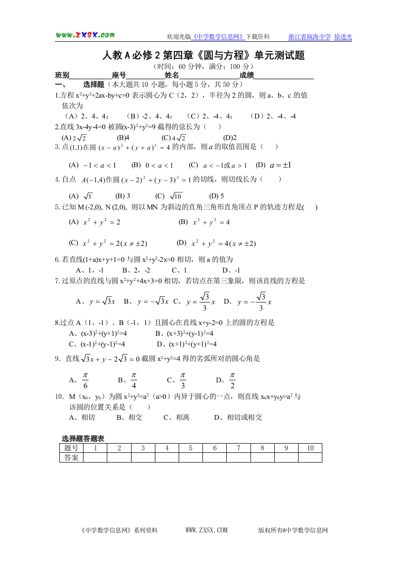 【小学中学教育精选】人教A必修2第四章《圆与方程》单元测试题