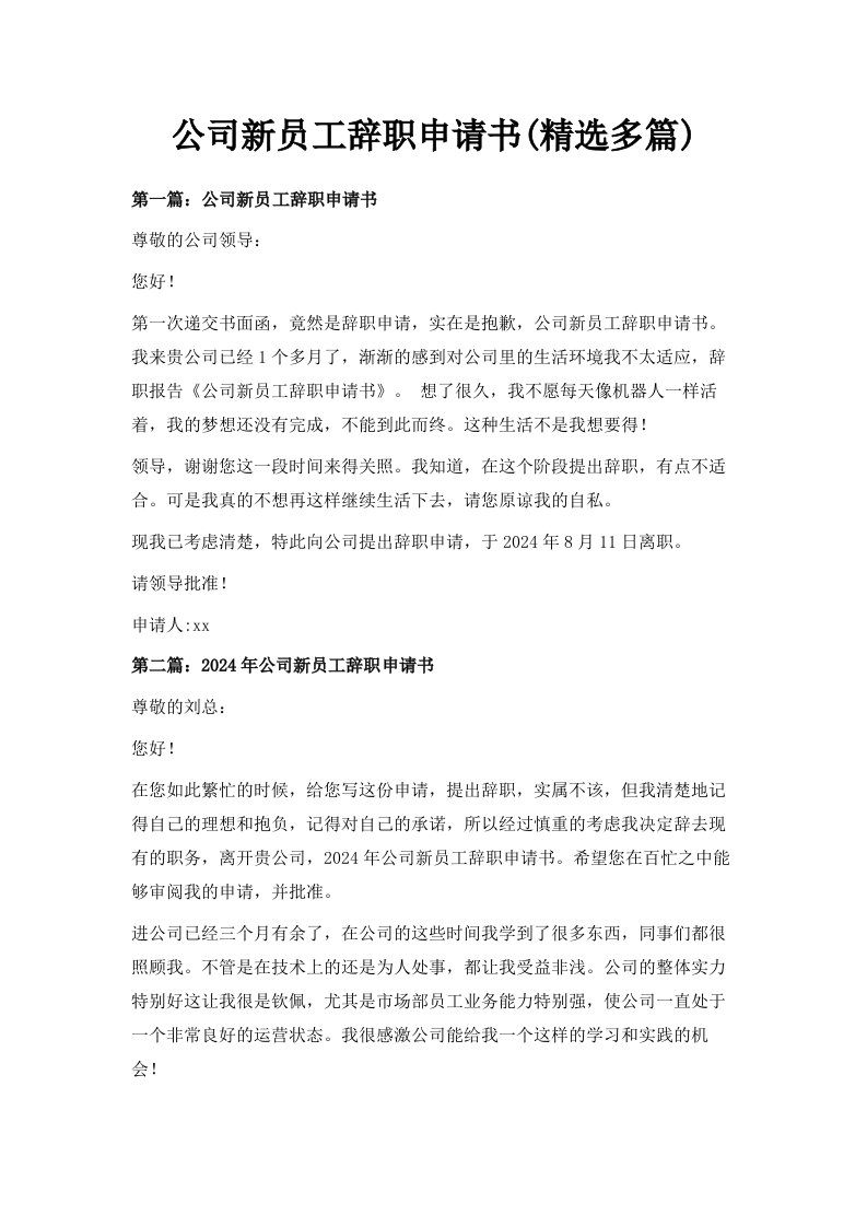 公司新员工辞职申请书精选多篇