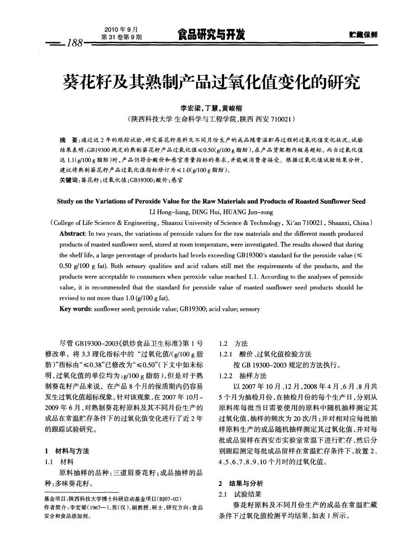 葵花籽及其熟制产品过氧化值变化的研究