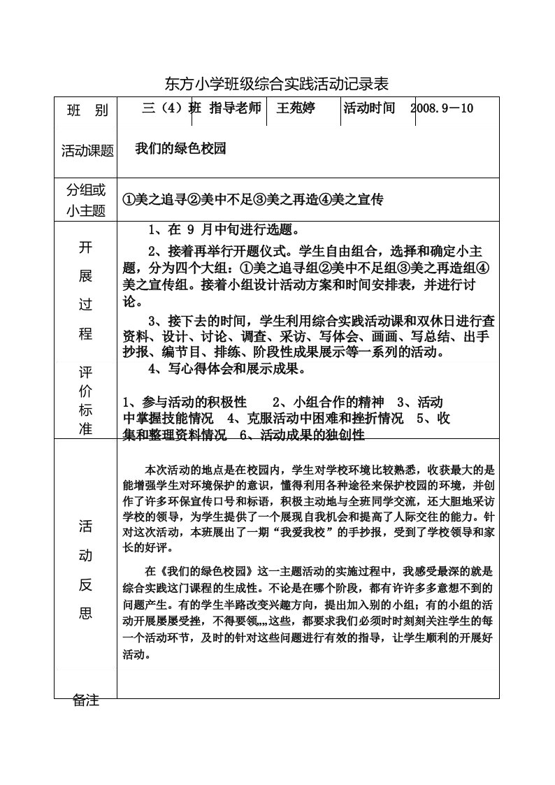 东方小学班级综合实践活动记录表