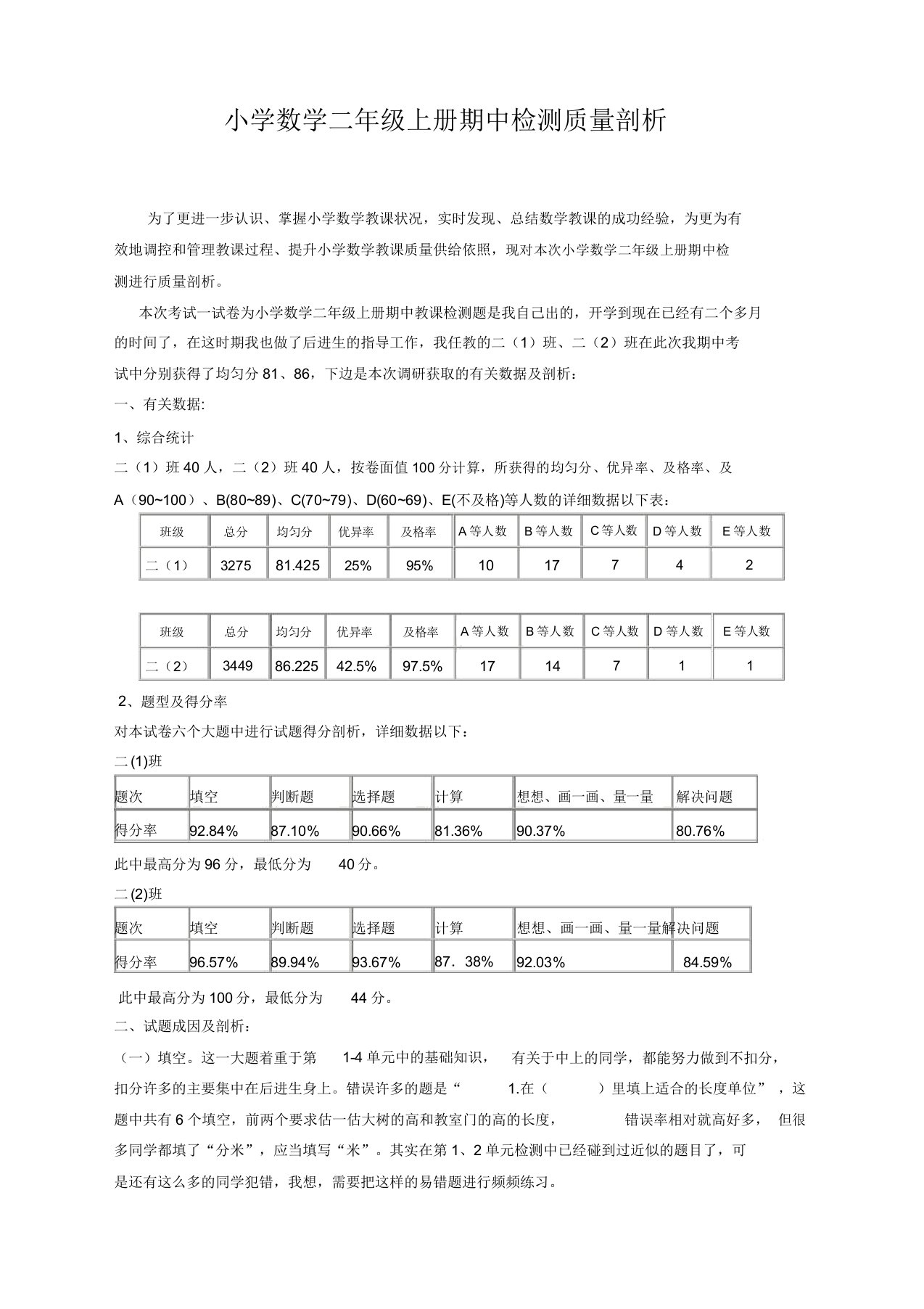 小学数学二年级上册期中检测试卷质量分析