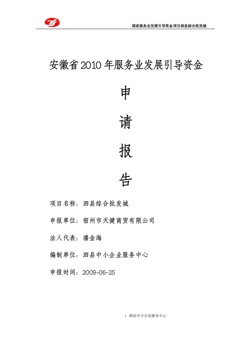 泗县综合批发城项目资金申请报告