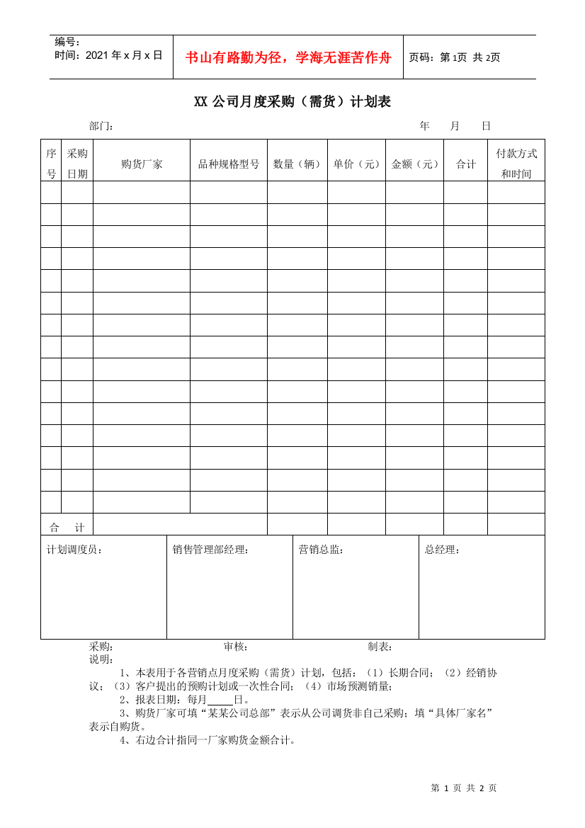 XX公司月度采购（需货）计划表