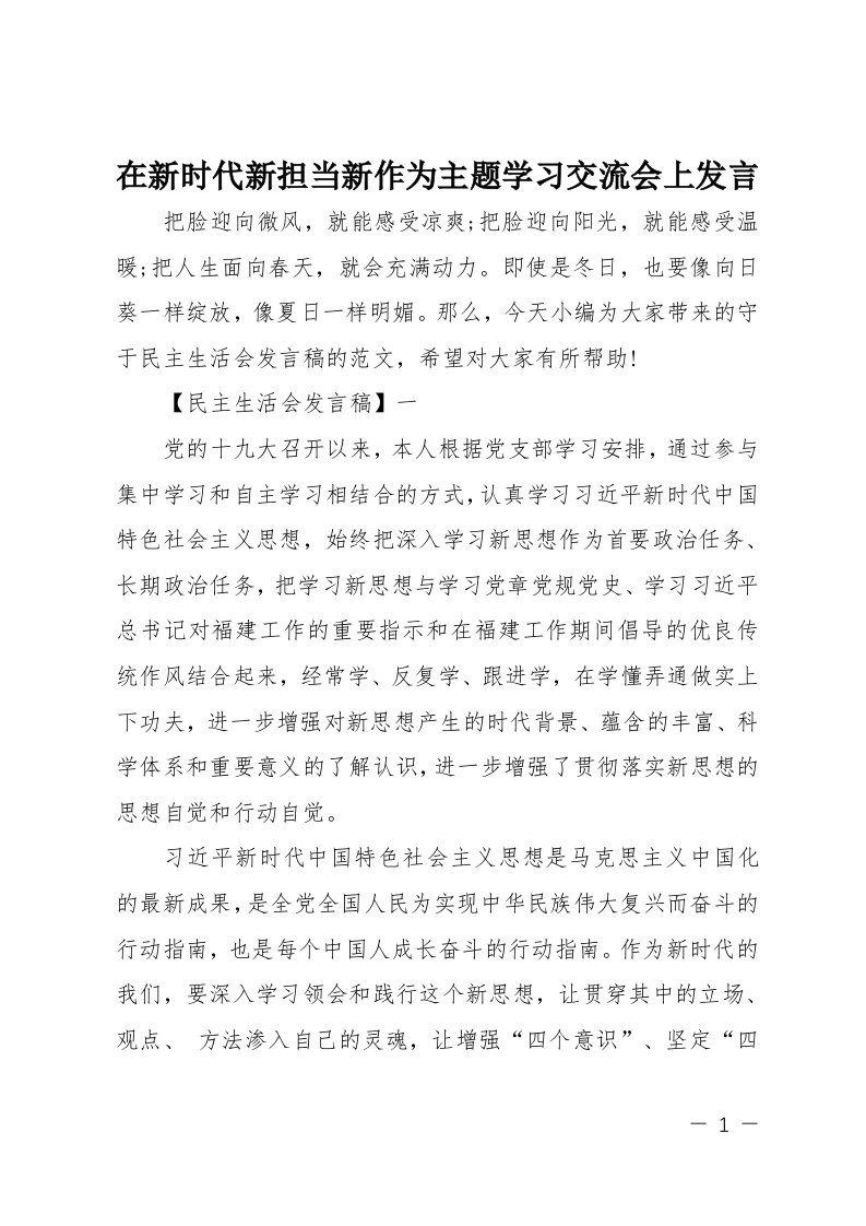 在新时代新担当新作为主题学习交流会上发言