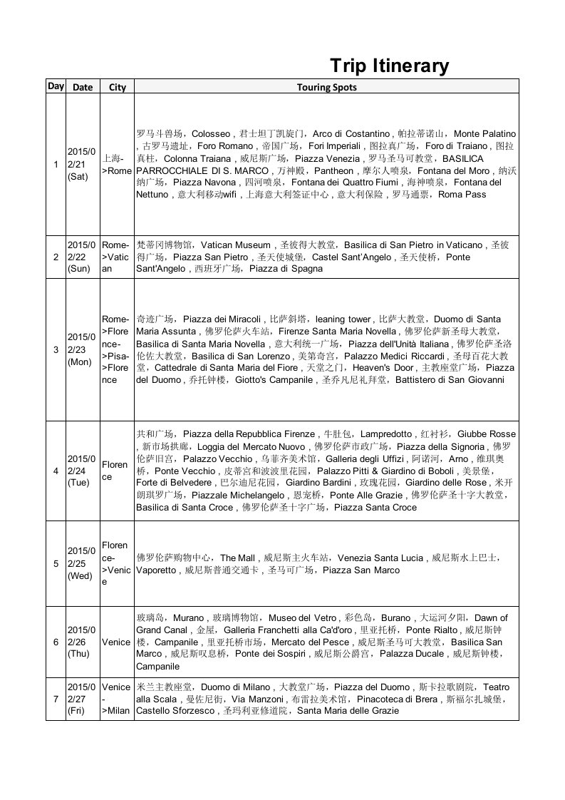 Trip-itinerary-意大利签证-行程单-中英文-9天