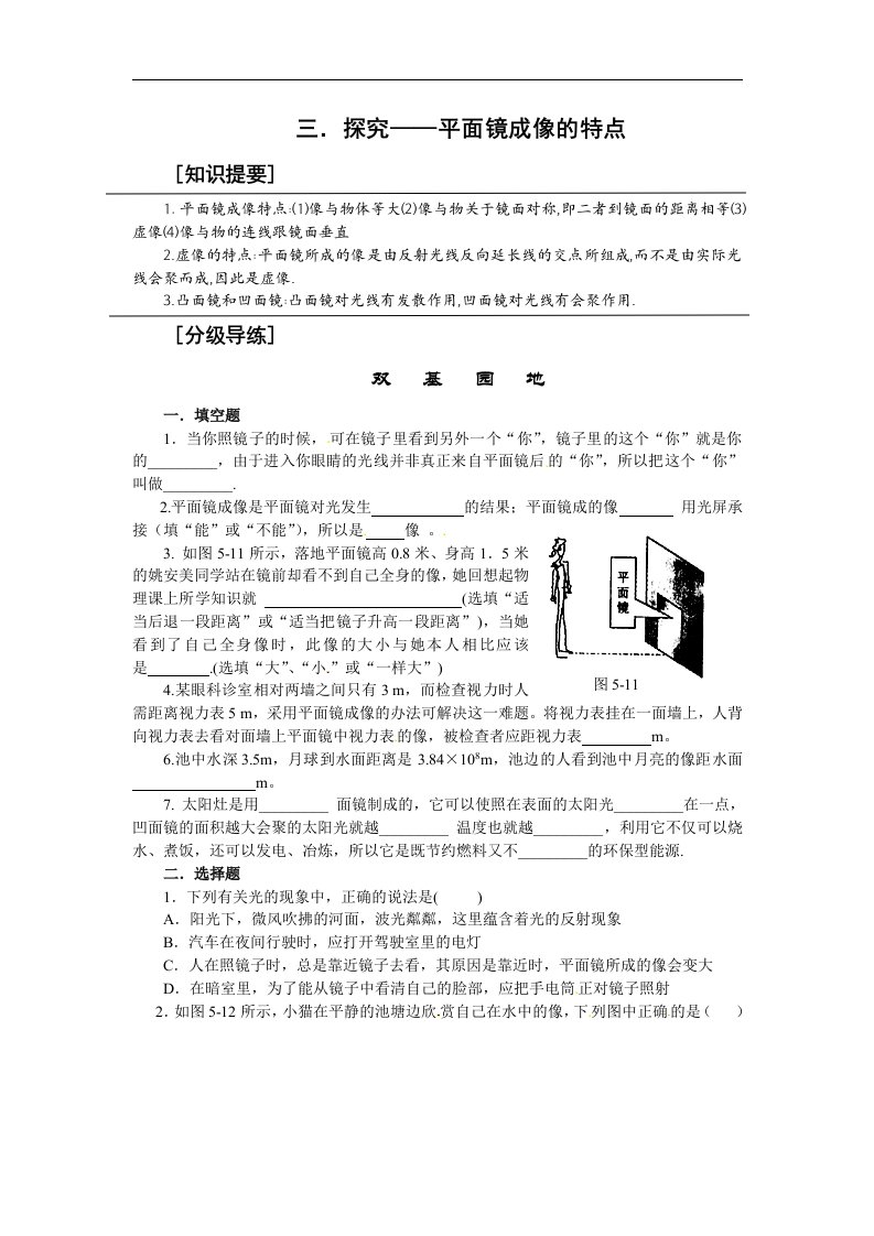 北师大版八年级上册5.3《探究平面镜成像的特点》同步试题3