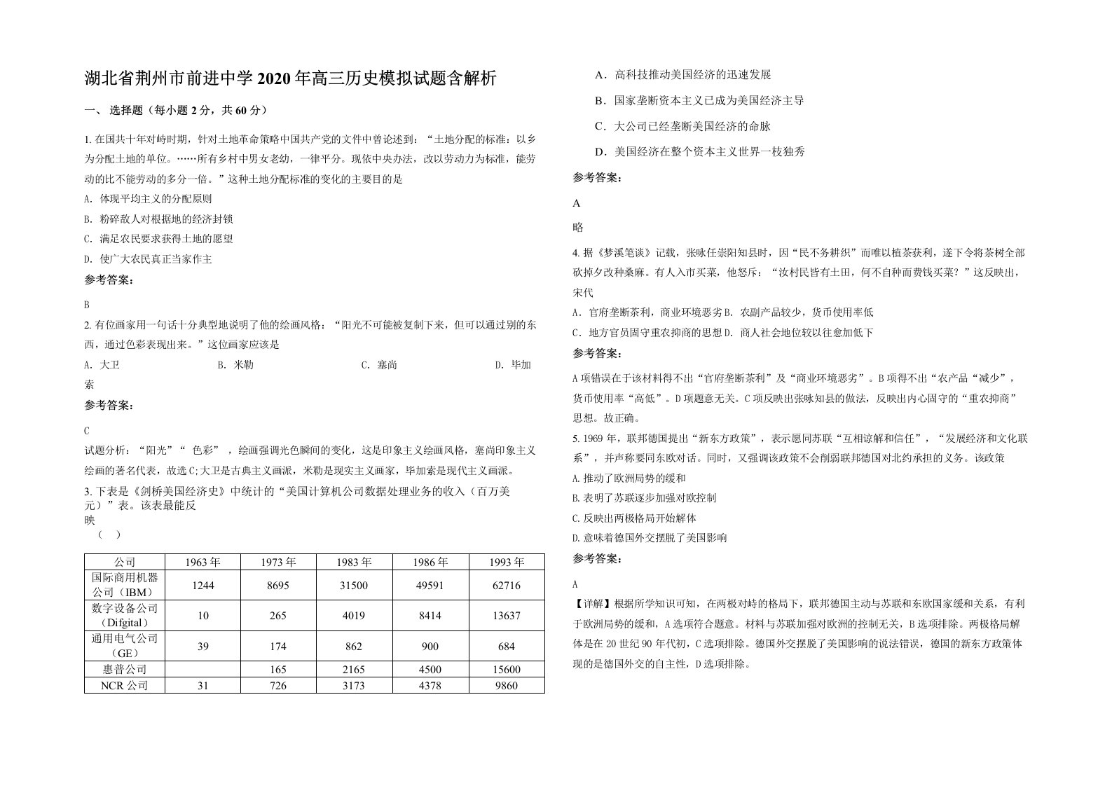 湖北省荆州市前进中学2020年高三历史模拟试题含解析