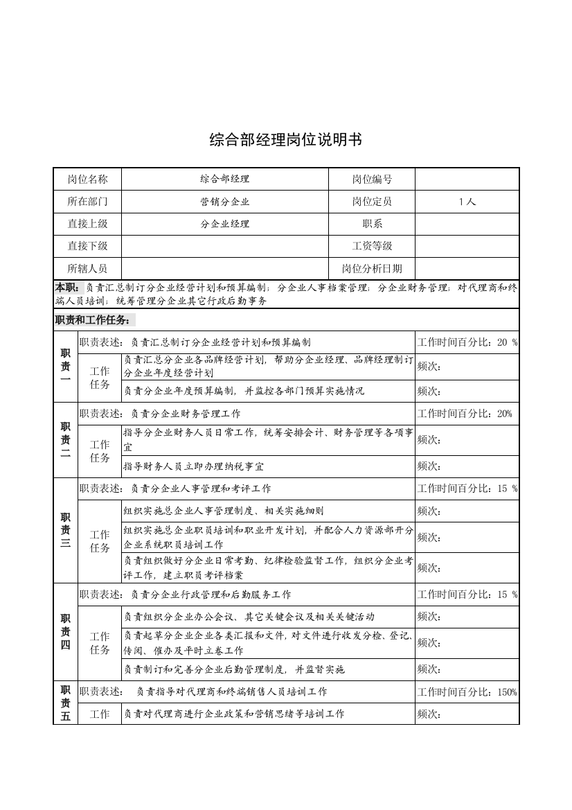 综合部经理职位说明书样本