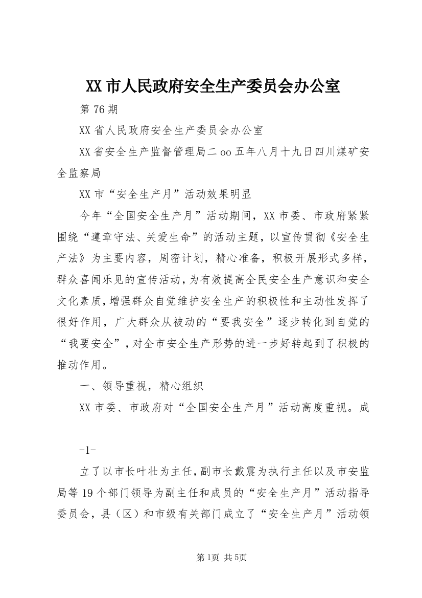 XX市人民政府安全生产委员会办公室