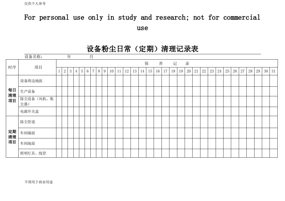 设备粉尘日常(定期)清理记录表