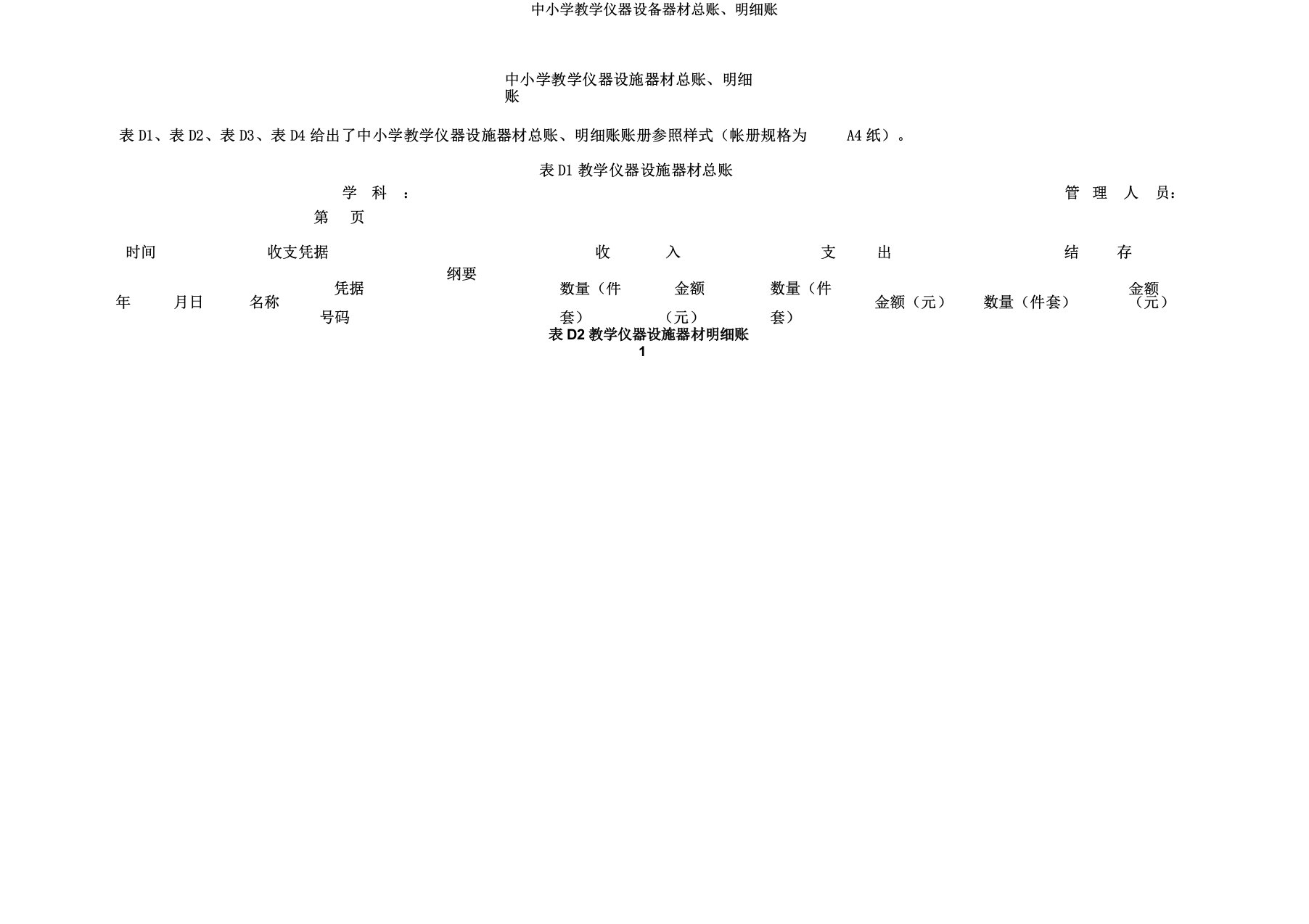 中小学教学仪器设备器材总账明细账