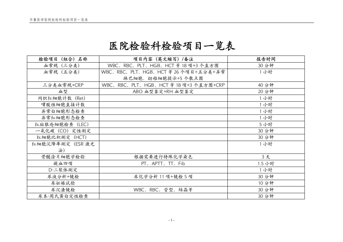 齐鲁医学医院检验科检验项目一览表