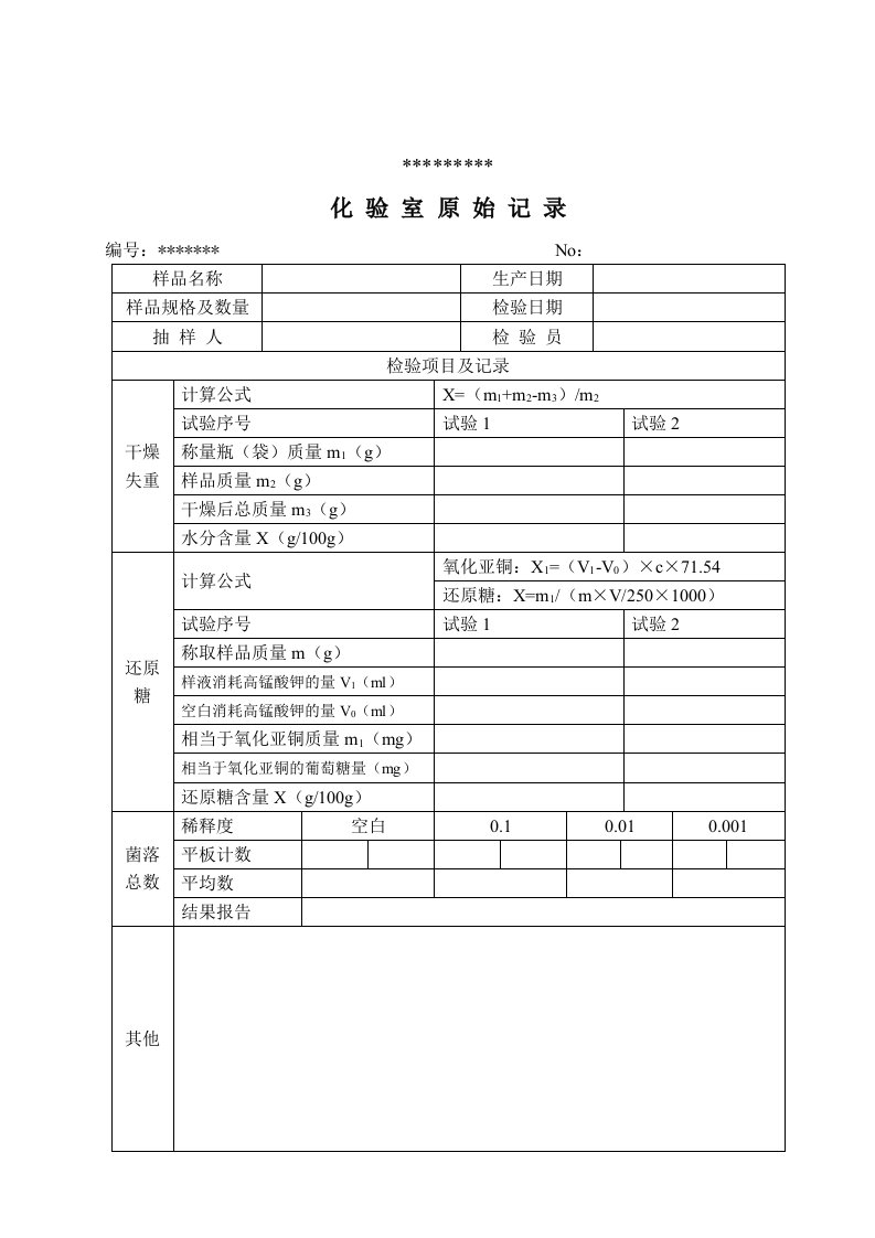 化验室检验记录表