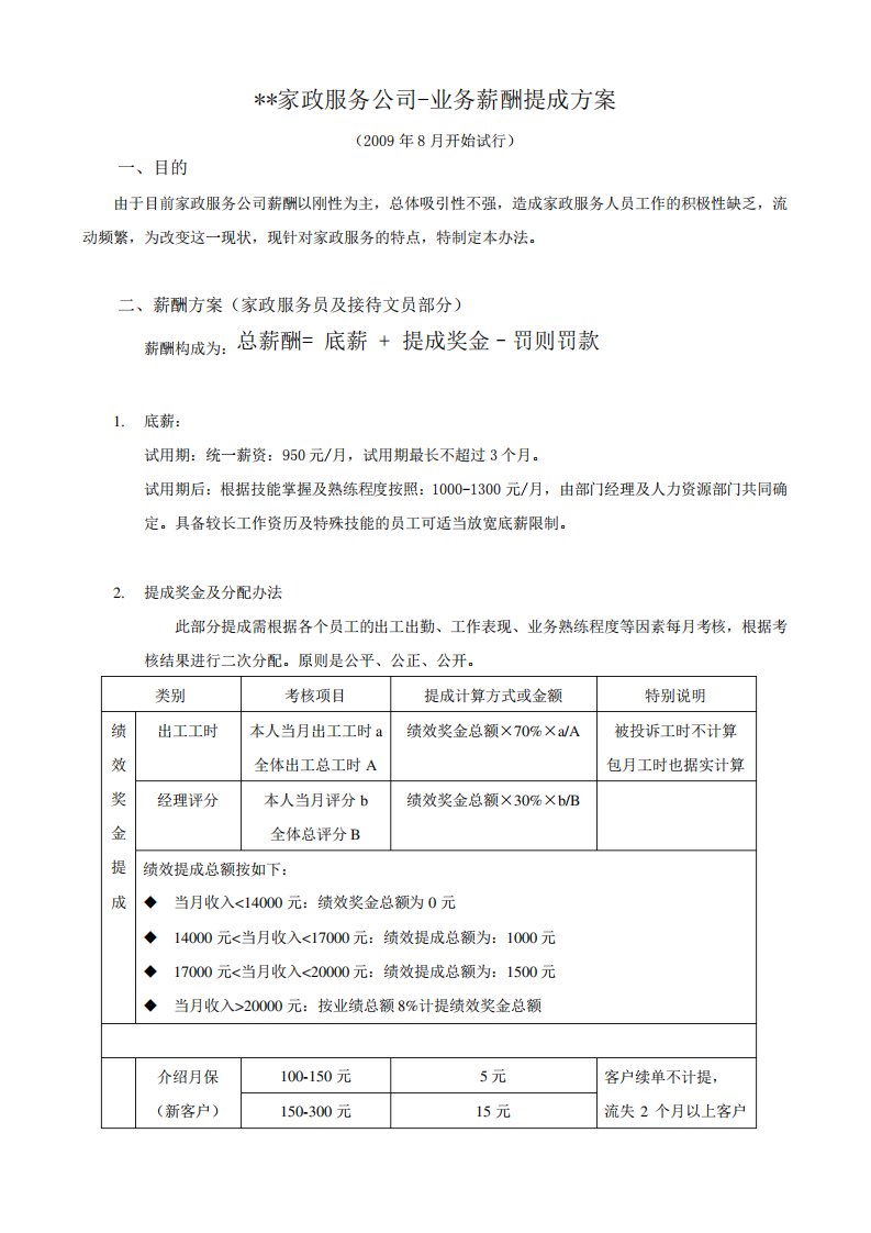 家政服务人员薪酬提成方案