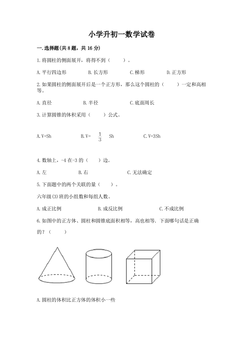 小学升初一数学试卷（精练）