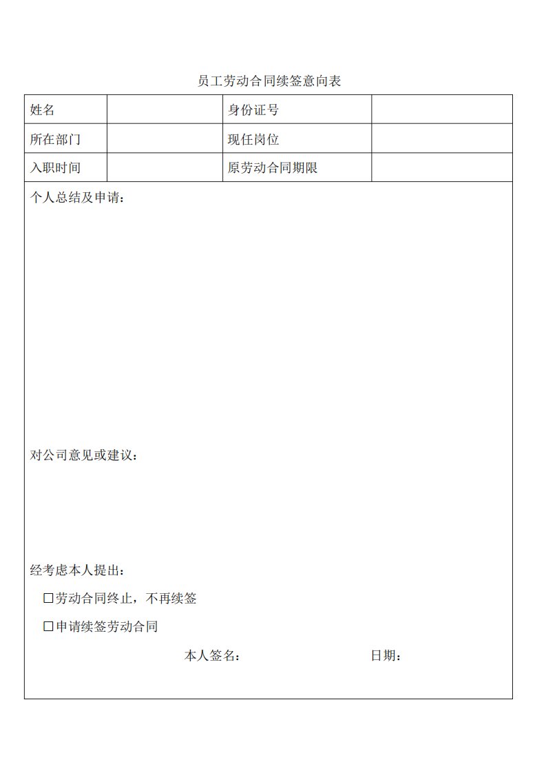 员工劳动合同续签表