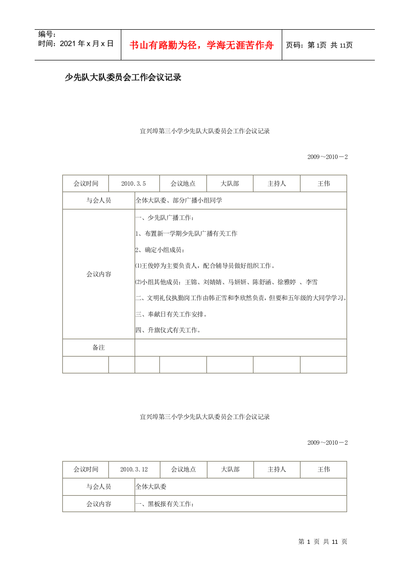 少先队大队委员会工作会议记录