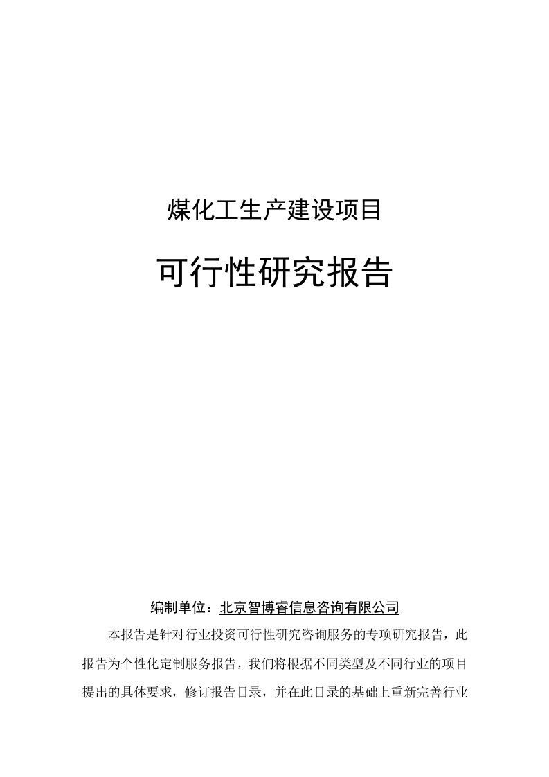 煤化工生产建设项目可行性研究报告