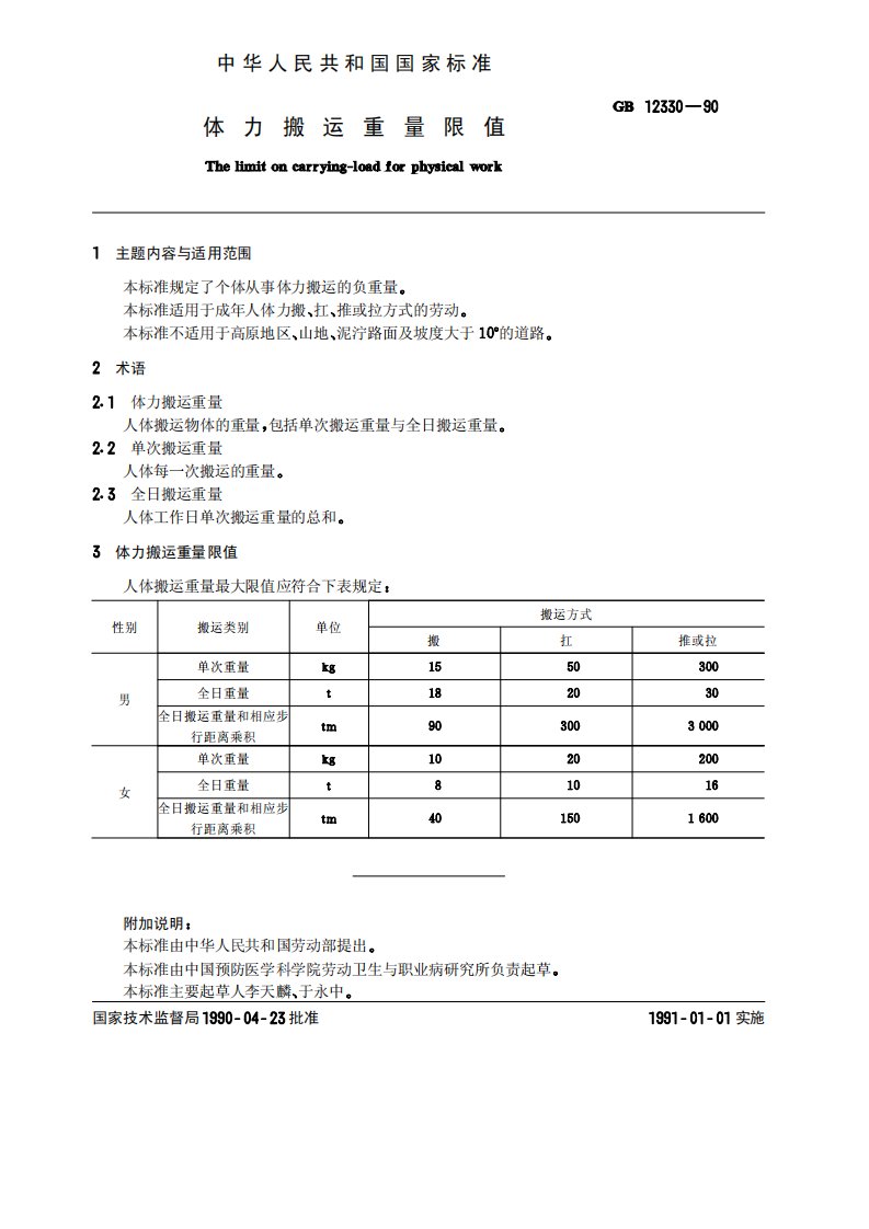 2015（更新）GB-T12330-1990[1]体力搬运重量限值