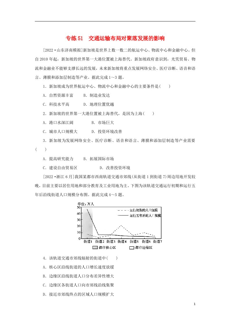 2023版新教材高考地理第一部分微专题小练习专练51交通运输布局对聚落发展的影响