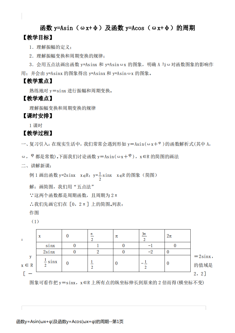 函数y=Asin(ωx+φ)及函数y=Acos(ωx+φ)的周期