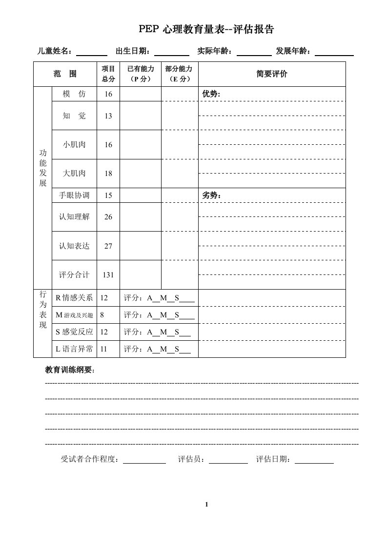 PEP-孤独症儿童心理教育量表评估报告