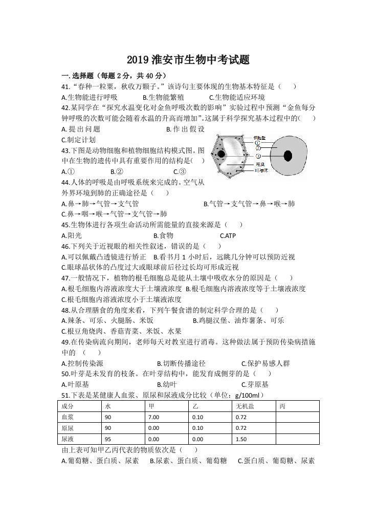 2019淮安市生物中考试卷