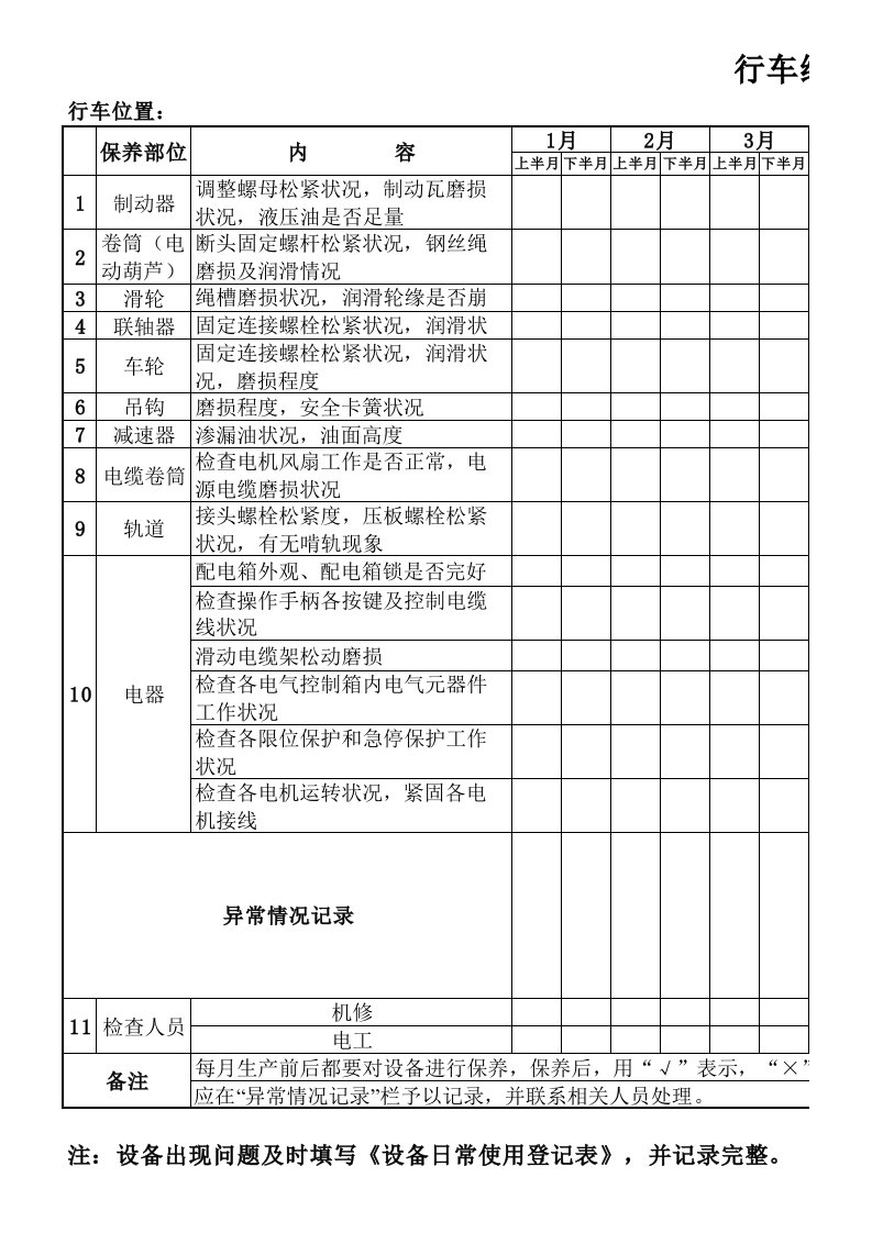 行车起重机维护保养记录表