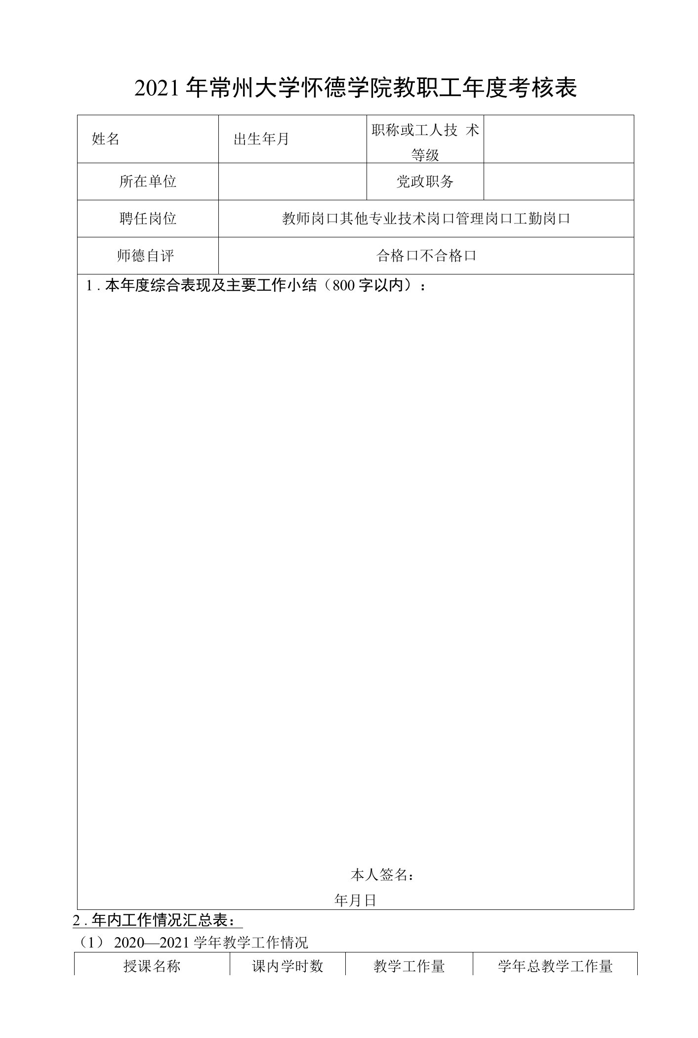 2021年常州大学怀德学院教职工年度考核表