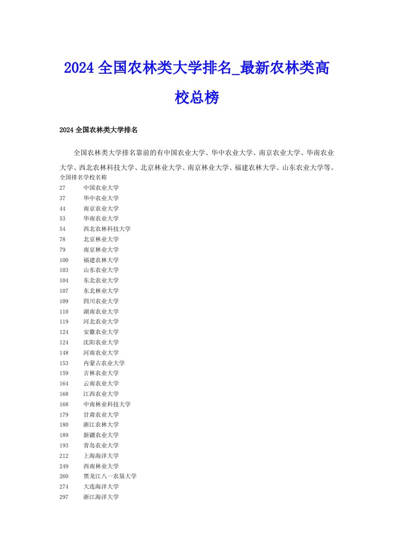 2024全国农林类大学排名_最新农林类高校总榜