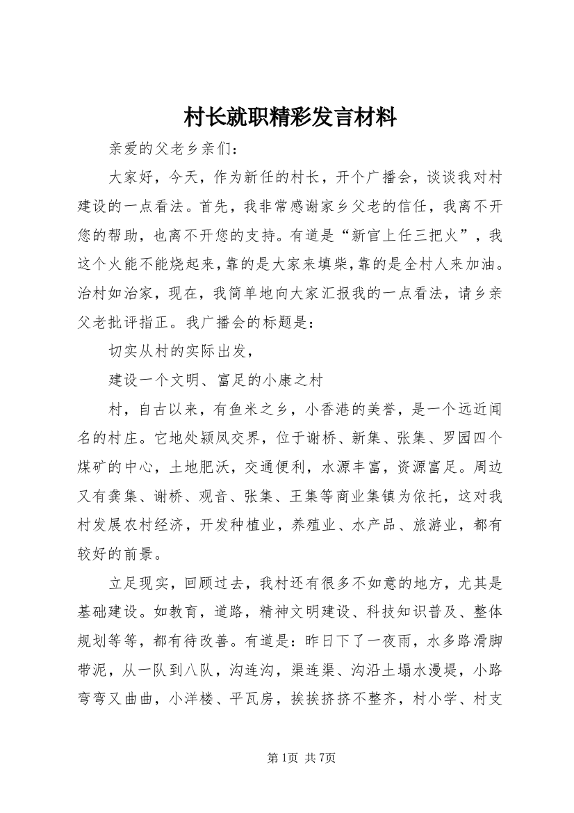 村长就职精彩发言材料