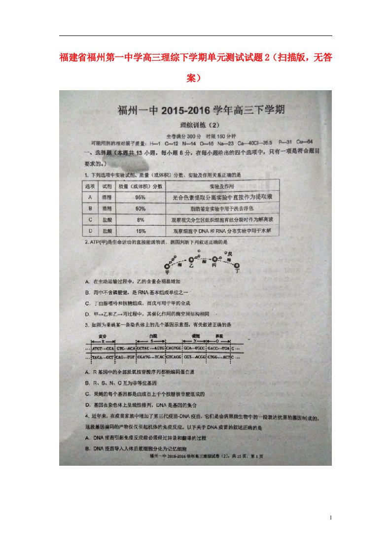 福建省福州第一中学高三理综下学期单元测试试题2（扫描版，无答案）