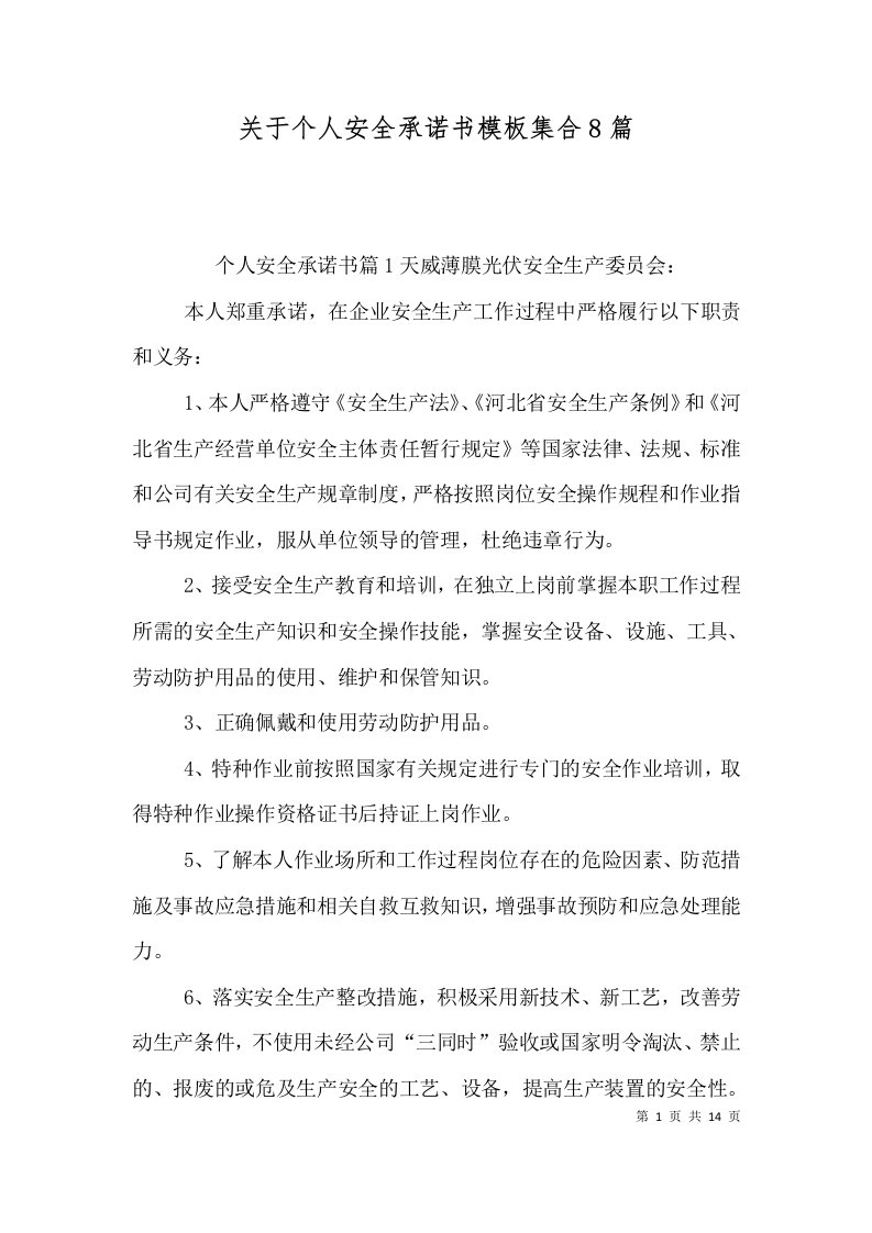 关于个人安全承诺书模板集合8篇