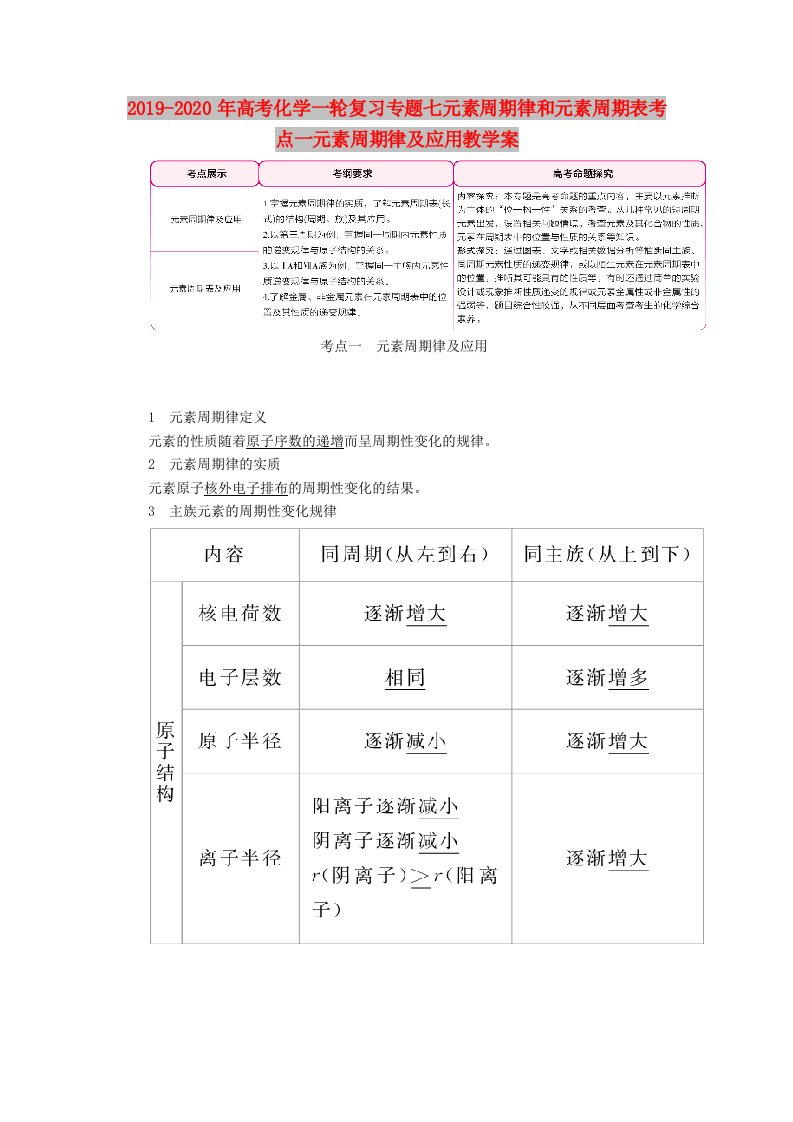 2019-2020年高考化学一轮复习专题七元素周期律和元素周期表考点一元素周期律及应用教学案