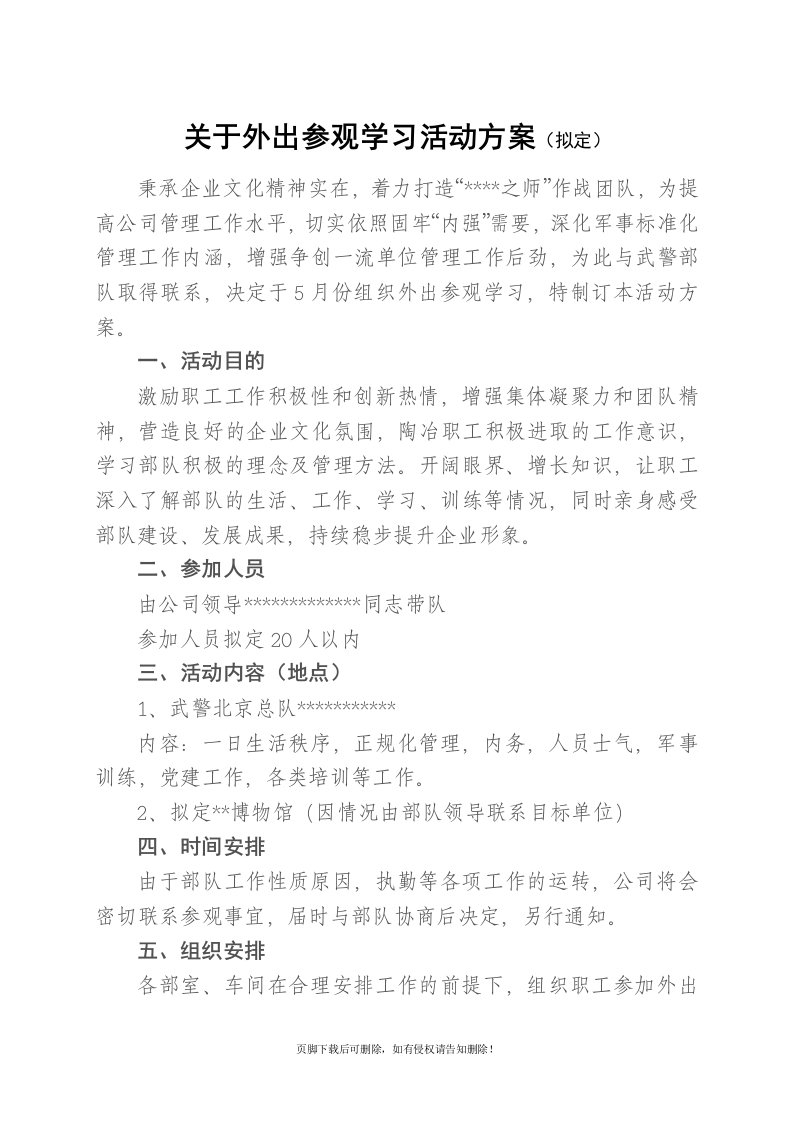 公司职工外出参观学习活动方案(拟定)