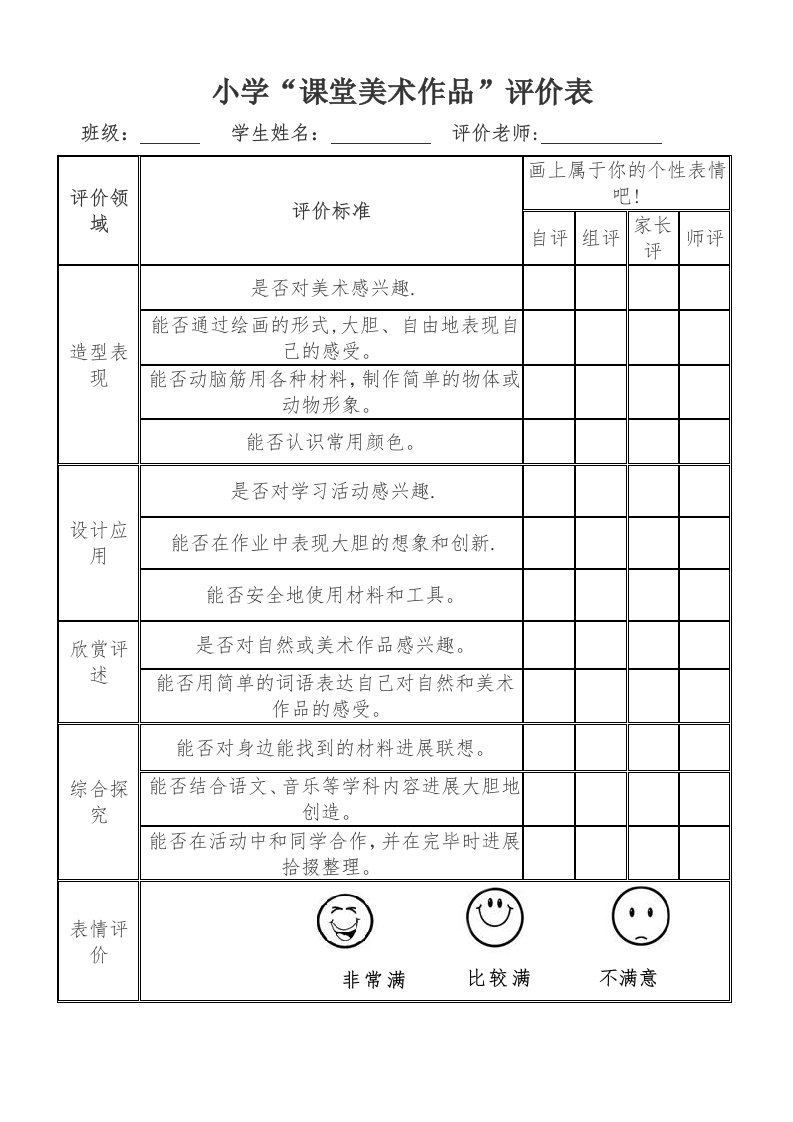 小学美术作品评价表