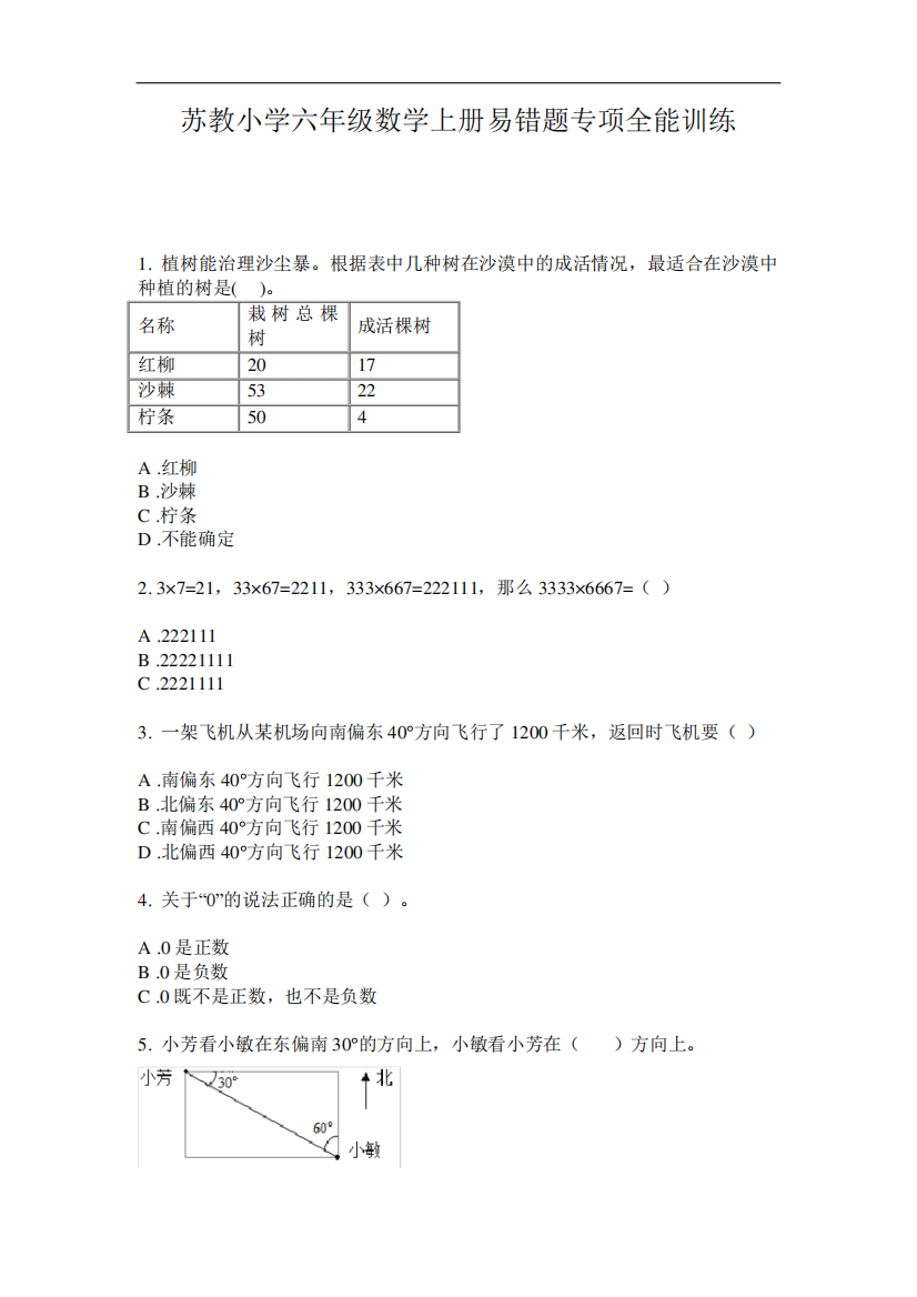 2020六年级数学上册试题-易错题专项全能训练