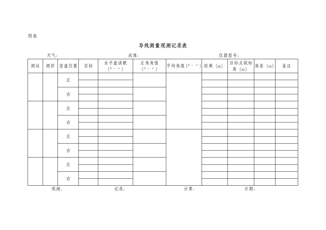 导线测量观测记录表