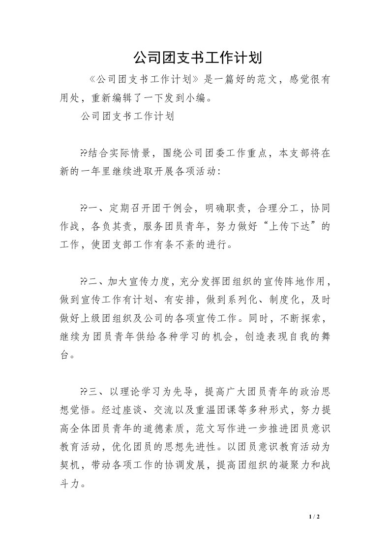 公司团支书工作计划