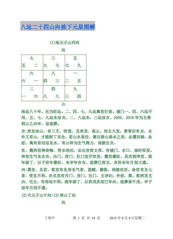 八运二十四山向挨下元星图解