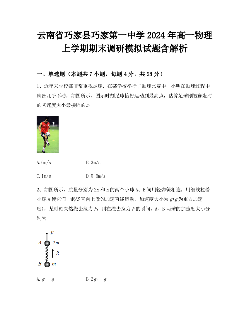 云南省巧家县巧家第一中学2024年高一物理上学期期末调研模拟试题含解析