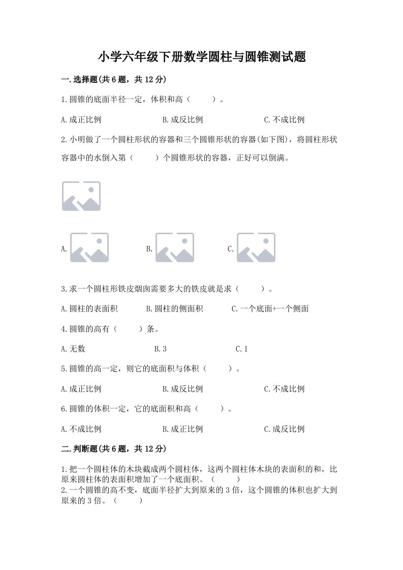 小学六年级下册数学圆柱与圆锥测试题（b卷）